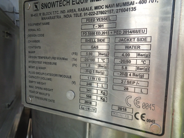 240L S/S JKTD Vertical Pressure vessels