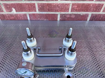 USED MILLIPORE PELLICON STAINLESS STEEL TFF CASSETTE HOLDER W/ GAUGE