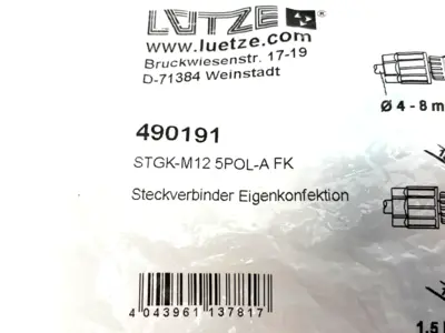 New | in-Stock LÜTZE 490191,STGK-M12 5POL-A FK Electrical Fittings Michigan US | Maverick Industrial Sales #1391306