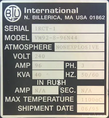Used BTU International VM92-8-96N44 Electric Belt Furnace | 8-Zone High Temperature Conveyor Furnace