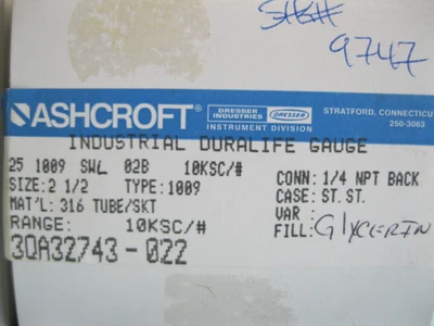 New | in-Stock Ashcroft 25 1009 SWL 02B 10KSC/# Pressure Switches New Hampshire US | Bitter End Trading #1486494