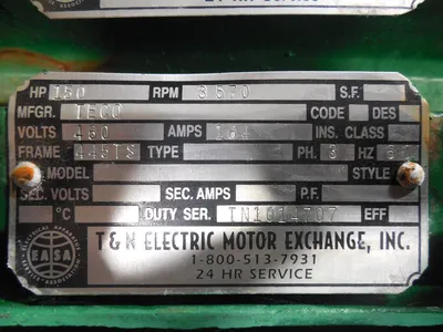 Rebuilt 150 HP TECO 445TS Frame 460 Volts 3600 RPM 3600 RPM
