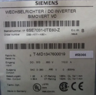 USED SIEMENS 6SE7031-0TE60-Z DC INVERTER 6SE70310TE60Z
