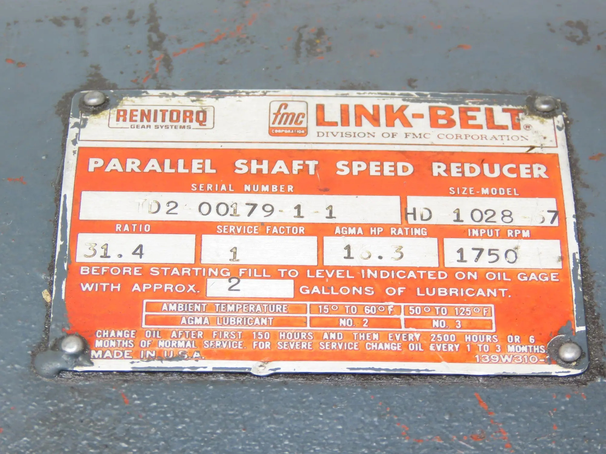 Renitorq Link-Belt HD 1028-67 Parallel Drive Gearbox 31.4:1 Reducer 16Hp 56rpm