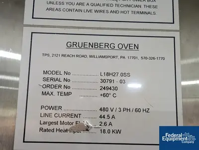 USED Gruenberg Gruenberg Oven, Model L18H27.0SS