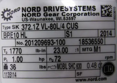 NEW NORD SK372.1ZVL-80L/4CUS GEARMOTOR 23.00:1 1HP 1" DIA. SK80L/4CUSBRE10HL
