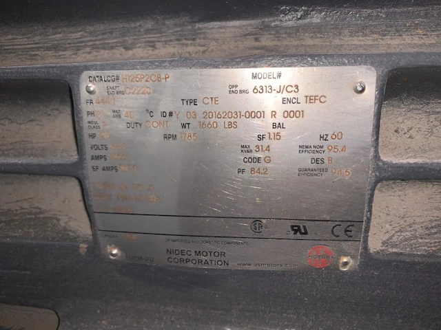 125 Hp 1785 Rpm 460v 444T US Motors AC Motor, Unused