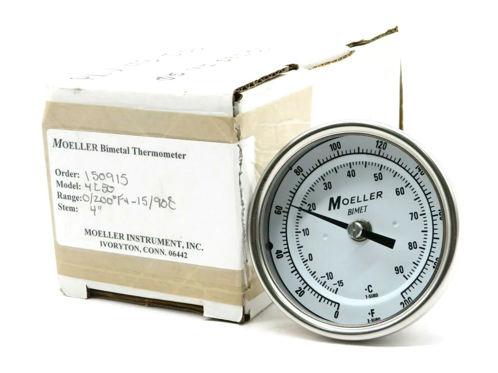 NEW MOELLER 4250 BIMETAL THERMOMETER 0/200 F 15/90C 4"STEM 150915