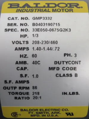 NEW BALDOR GMP3332 MOTOR 1/3HP 208-230/460V 20:1