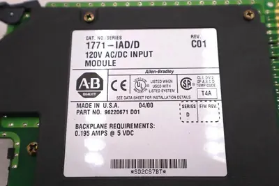 ALLEN BRADLEY 1771-IAD SERIES D 120V AC/DC INPUT MODULE REV C01 STOCK #1788