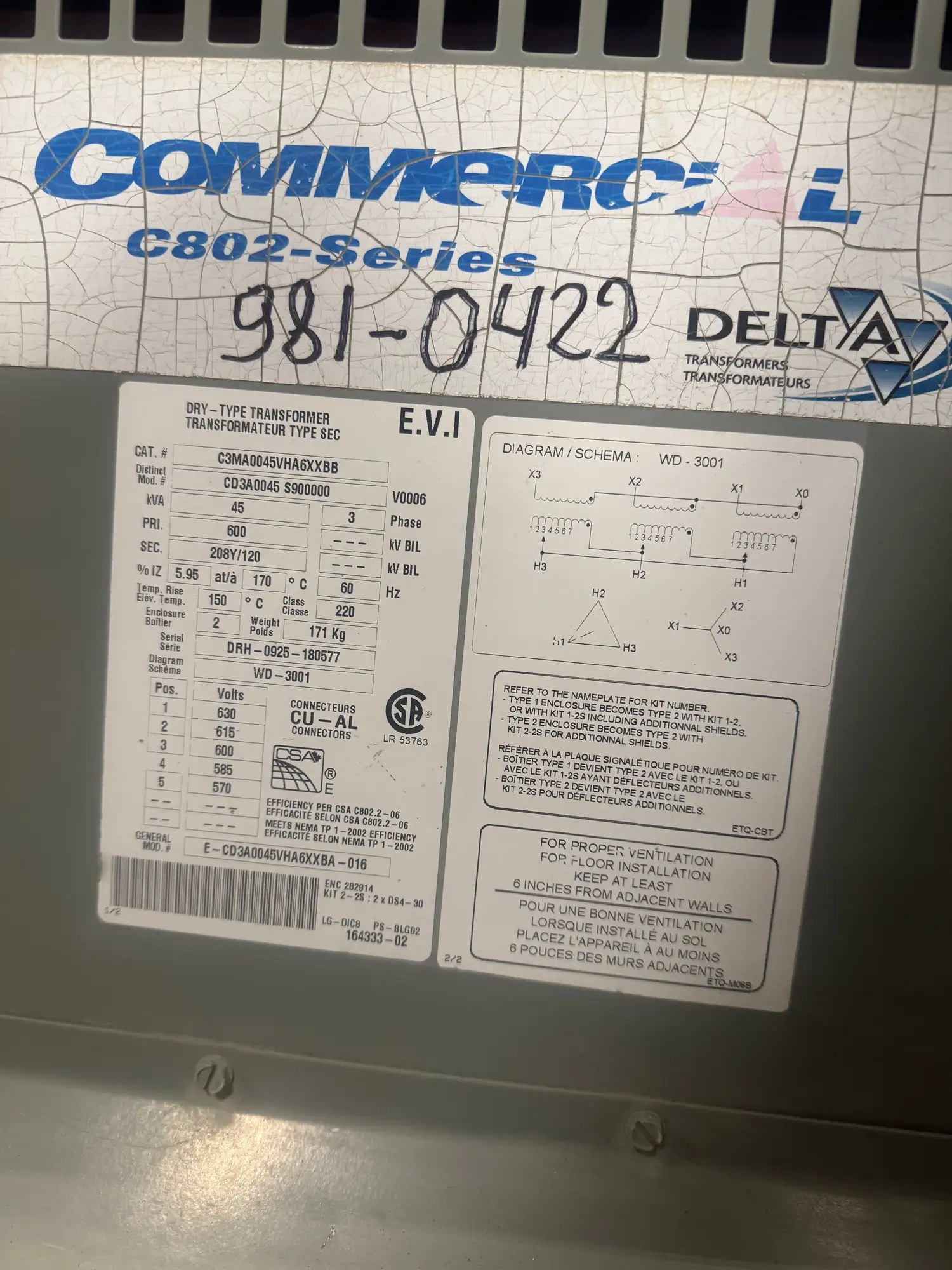 45 KVA 600V to 208Y/120V Isolation Transformer