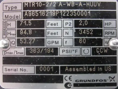 NEW GRUNDFOS MTR10-2/2 A-WB-A-HUUV PUMP 99540185 MTR1022AWBAHUUV