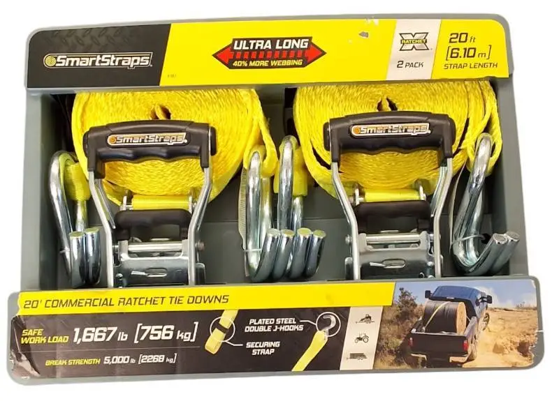 Smart Straps | Ultra Long 2-Pack, 20 ft. & 1,667 lb Safe Load Commercial Ratchet Tie Downs