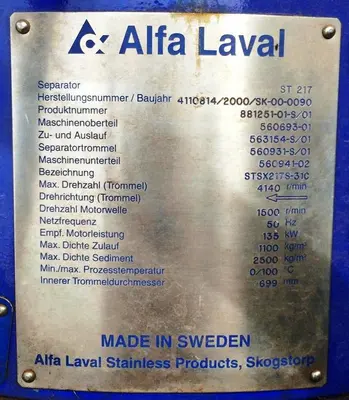 Alfa-Laval STSX 217S-31C nozzle centrifuge, 316SS.