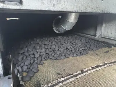 Briquetting machine for the production of charcoal briquettes including a hot air generator and conveyor
