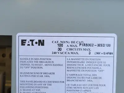 P1RB3C2-30ED100 Panelboard Interior 100A, 240V, 30-Circuit w/ Main Breaker