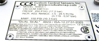 NEW CUSTOM CONTROL SENSORS 646VE1 VACUUM SWITCH