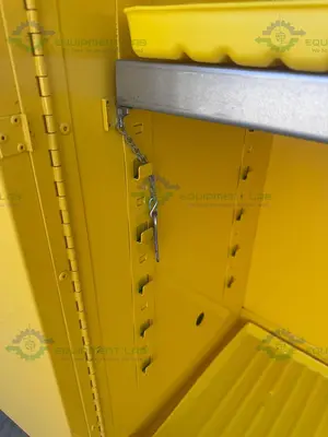 USED JUSTRITE 45 GALLON FLAMMABLE LIQUID STORAGE CABINET W/ SOFT CLOSE DOORS, KEY