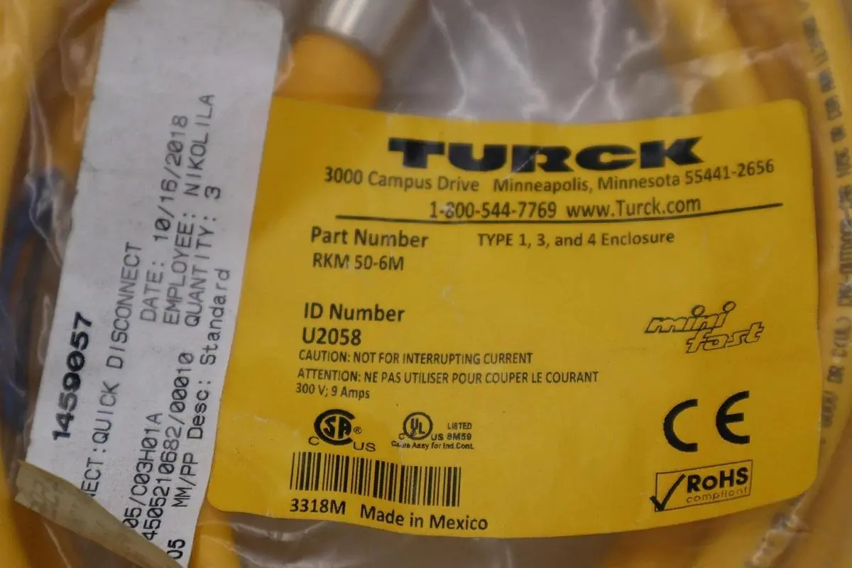 TURCK RKM 50-6M CABLE CORDSET STOCK H1539