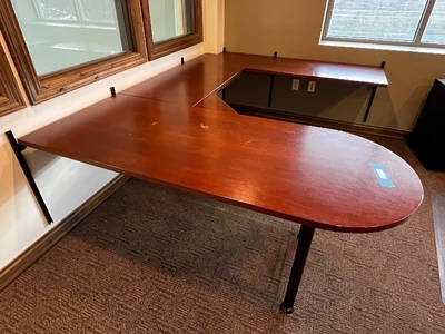 Executive L-Shaped Desk - Cherry Finish, 72in Long with Curved Left End & Keyboard Tray