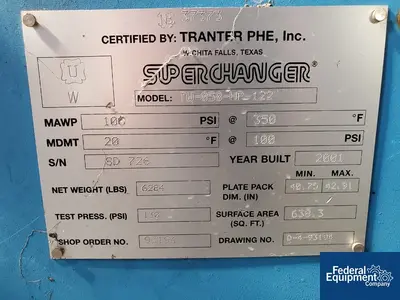 USED Tranter 638.3 Tranter Plate Heat Exchanger, S/S, 100#