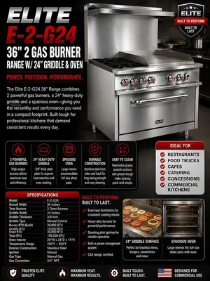 ELITE E-2-G24 36" 2 Gas Burner Range w/ 24in Griddle & Oven