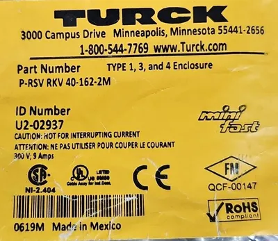 TURCK P-RSV RKV 40-162-2M Cordset. Loc5D-21
