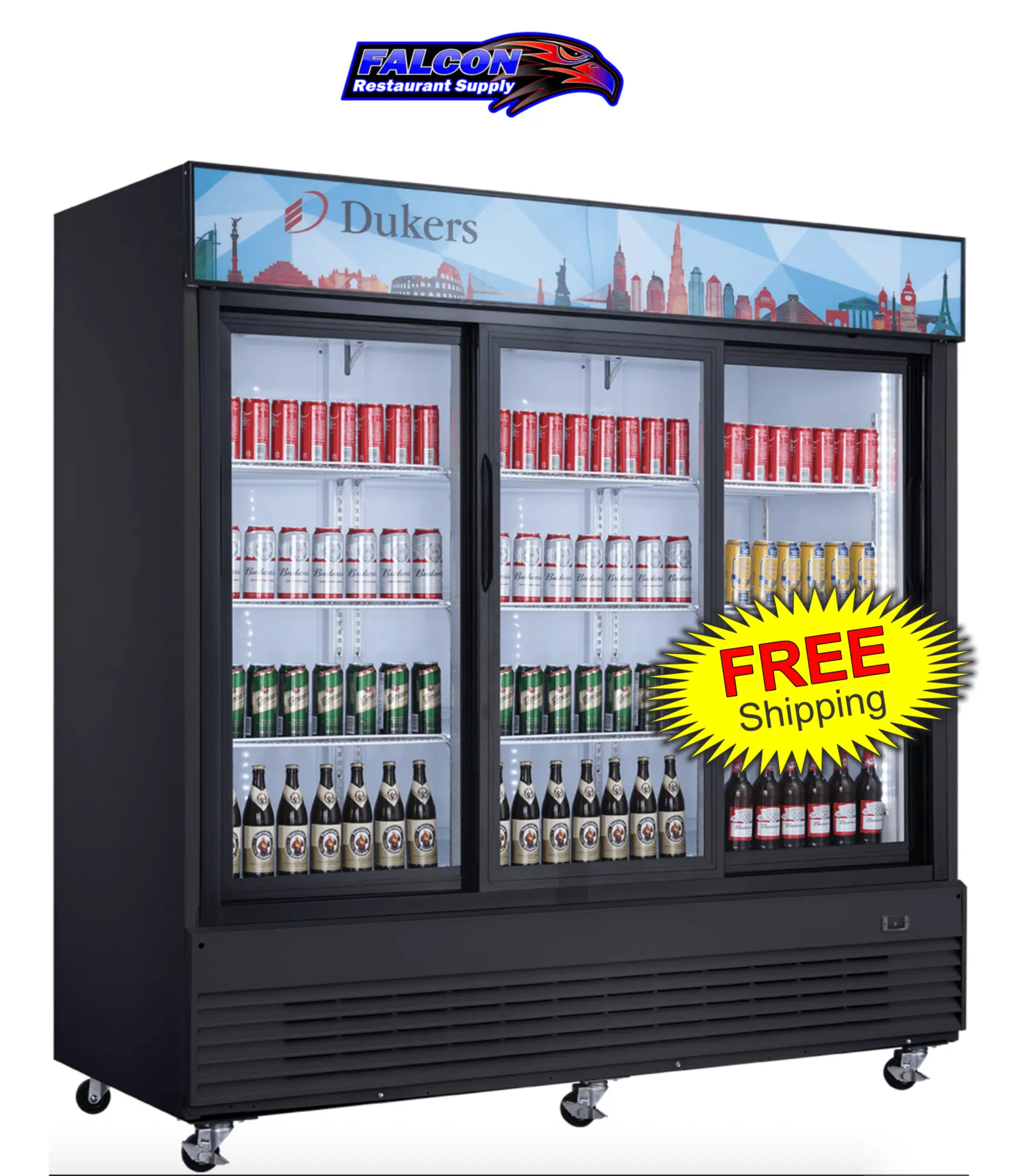 New | in-Stock Dukers New Dukers DSM-68SR Commercial Glass Sliding 3-Door Merchandising Reach-in Cooler Refrigerator Display Refrigerators Illinois US | Falcon Restaurant Supply #1376366