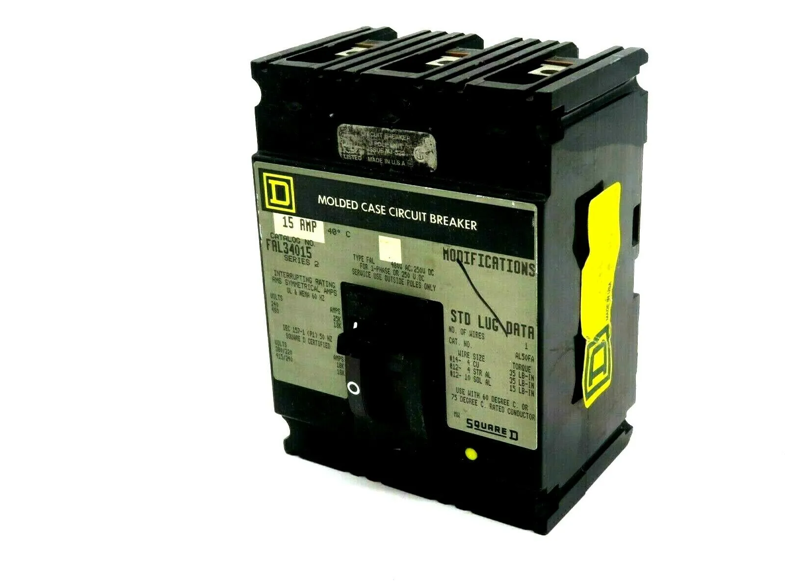 USED SQUARE D FAL34015 CIRCUIT BREAKER 15 AMP