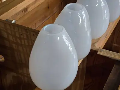 Lot of (4) Handblown Art Glass Table Vases by Holmegaard 6" x 7" (white) (rounded triangle)