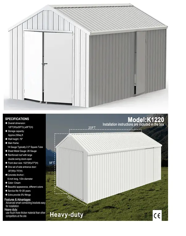 K1220 Unused  12ftx20ft Single  Garage Metal  Shed