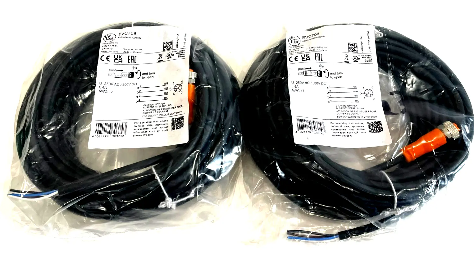 NEW IFM ELECTRONIC ADOGH040MSP0010H04-EVC708 FEMALE CORDSET EVC708 LOT OF 2