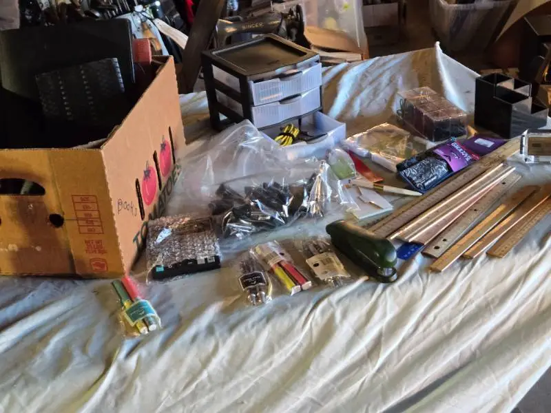 Office Supplies Lot including Storage Drawers, Rulers, and Desk Accessories