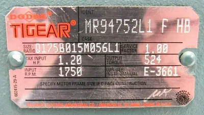 USED DODGE TIGEAR MR94752L1-F-HB GEAR REDUCER 1.20HP 1750 RPM Q17.5B015M056L1