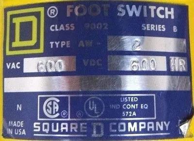 USED SQUARE D AW-2 FOOT SWITCH SERIES B 600V AW2