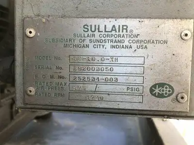 Sullair 6E-10.0-XH 10HP Reciprocating Air Compressor 175PSIG 5729hrs 3PH 50gal