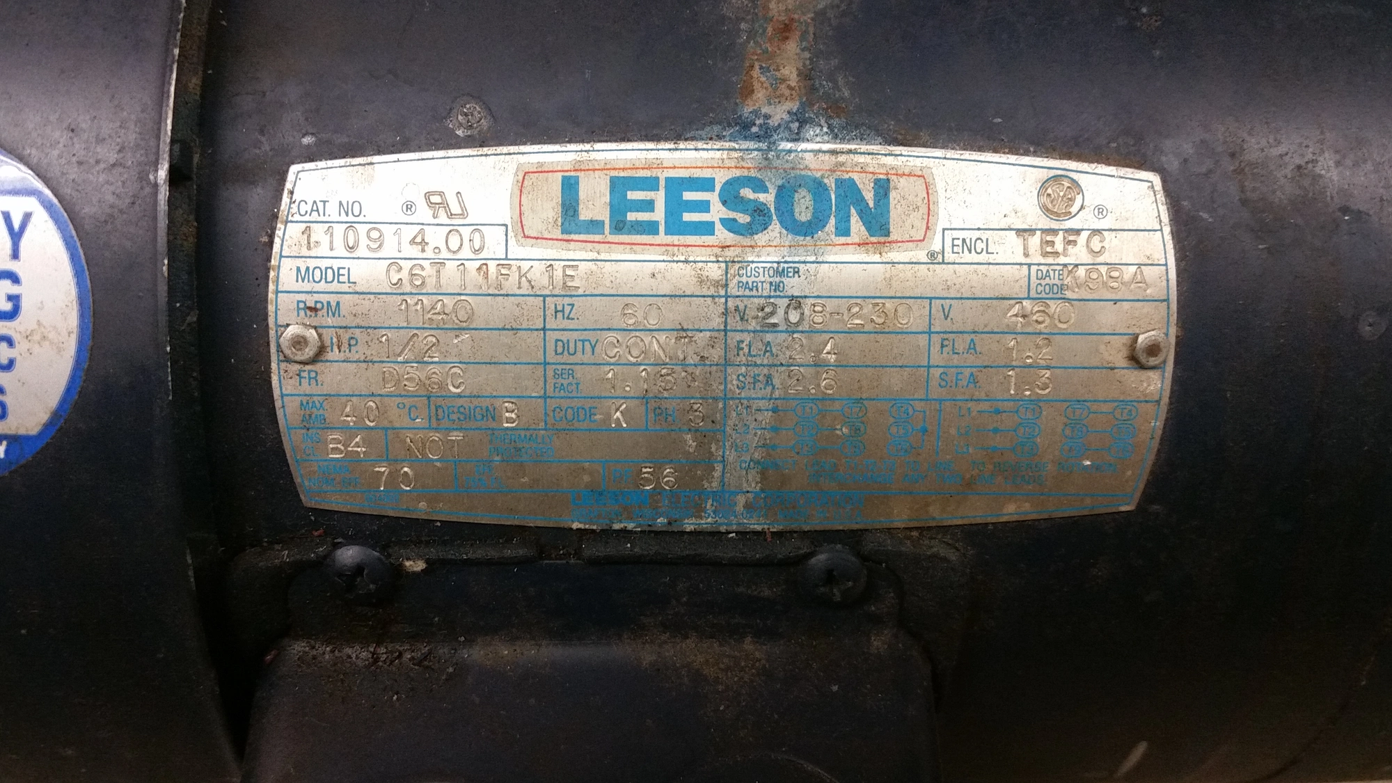 LEESON .5 HP, 1140 RPM, D56C FRAME MOTOR