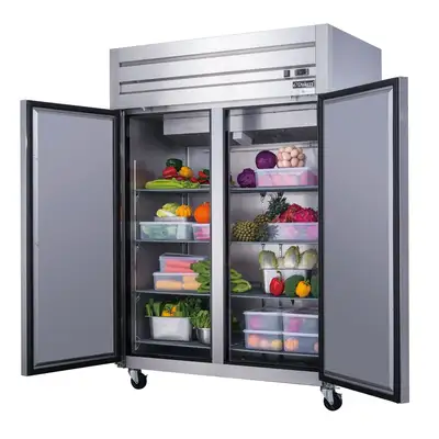 New | in-Stock Dukers New Dukers D55AR Commercial Solid 2-Door Top Mount Refrigerator in Stainless Steel Refrigerators Illinois US | Falcon Restaurant Supply #1376329