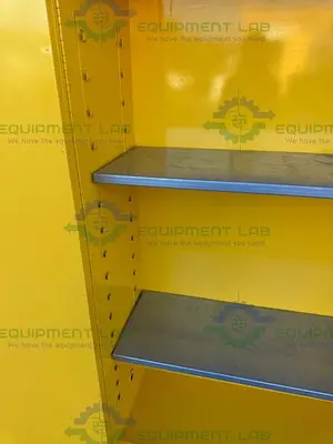 USED JUSTRITE 45 GALLON FLAMMABLE LIQUID STORAGE CABINET W/ SOFT CLOSE DOORS, KEY