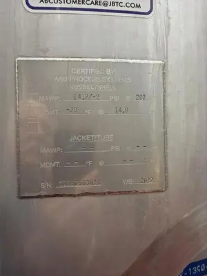 2022 JBT A&B Process Systems Stainless Steel Jacketed Tank with Mixer — MAWP 14.9 PSI @ 200°F — S/N 2106760303C