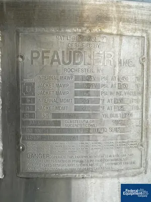 USED Pfaudler 100 Gal Pfaudler Glass Lined Reactor, 150/125#