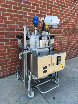 USED ALLEGHENY 400 LITER STAINLESS STEEL JACKETED REACTOR 45 PSI W/ 5 HP TOP MIXER