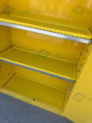 USED JUSTRITE 45 GALLON FLAMMABLE LIQUID STORAGE CABINET W/ SOFT CLOSE DOORS, KEY