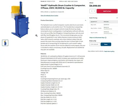 55 GALLON DRUM VESTIL HYDRAULIC CRUSHER & COMPACTOR, MODEL #WBB3147055: YOBRO #24913