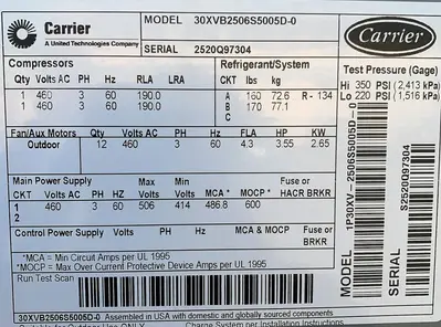 USED 2020 CARRIER 30XVB2506S5005D-0. 253.5 TONS
