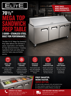 Elite Stainless Steel 3 Door Sandwich Prep Table on Castors