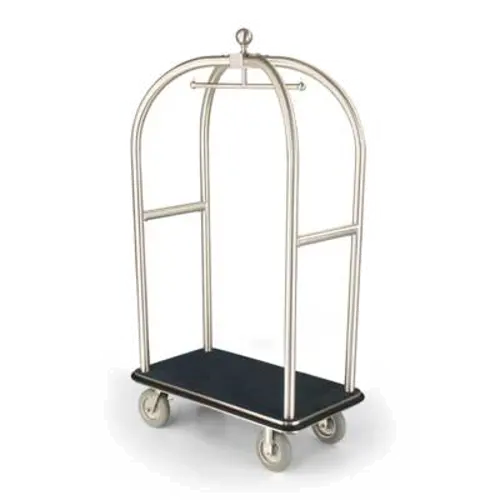 Forbes Industries Birdcage Luggage Cart w/ (2) Push Bars & Carpeted Deck - 43"L x 24"W x 78"H, Brushed Steel (2526-SS)