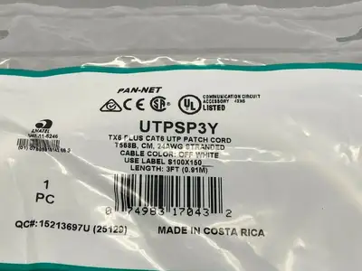 UTPSP3Y | Panduit  TX6 Plus CAT6 UTP Patch Cord Off White 3' FEET - New