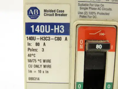 Allen Bradley 140U-H3C3-C80 Circuit Breaker 80A 3 Pole 3Ph 600V Panel Mount