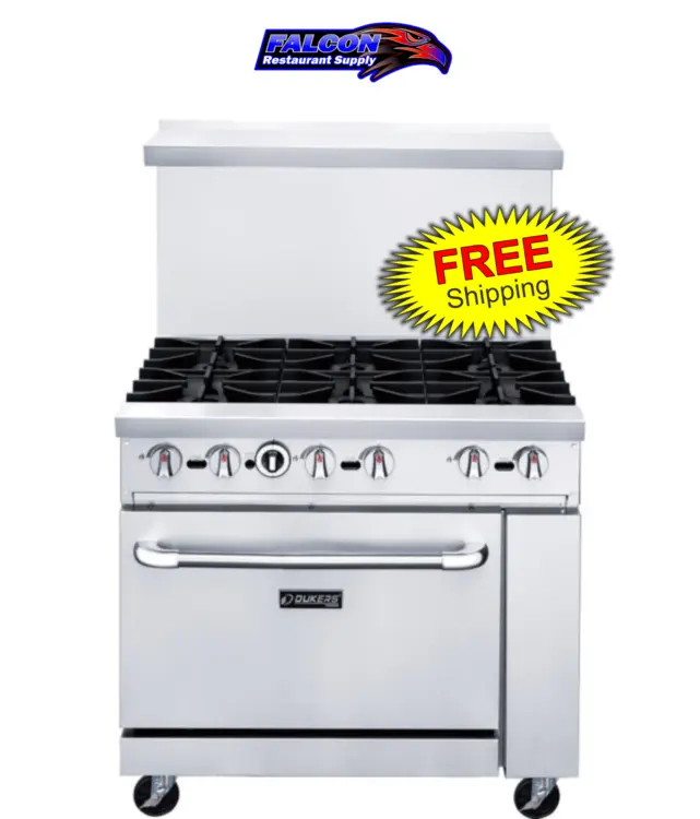 New | in-Stock Dukers New Dukers DCR36-6B 36" Gas Cooktop Range with Six (6) Open Burners Commercial Ranges Illinois US | Falcon Restaurant Supply #1376299